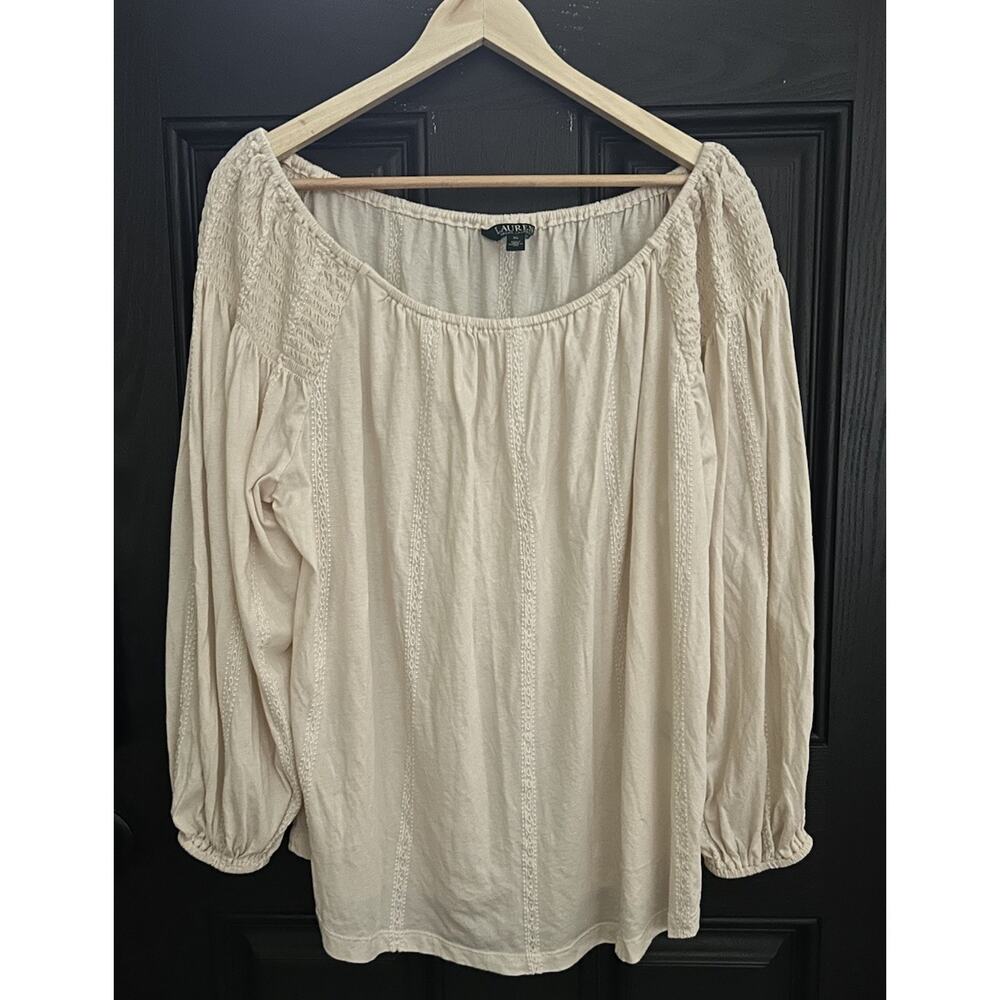 Lauren Ralph Lauren XL Boho Peasant Blouse Ivory Silk Embroidery Smocked Top